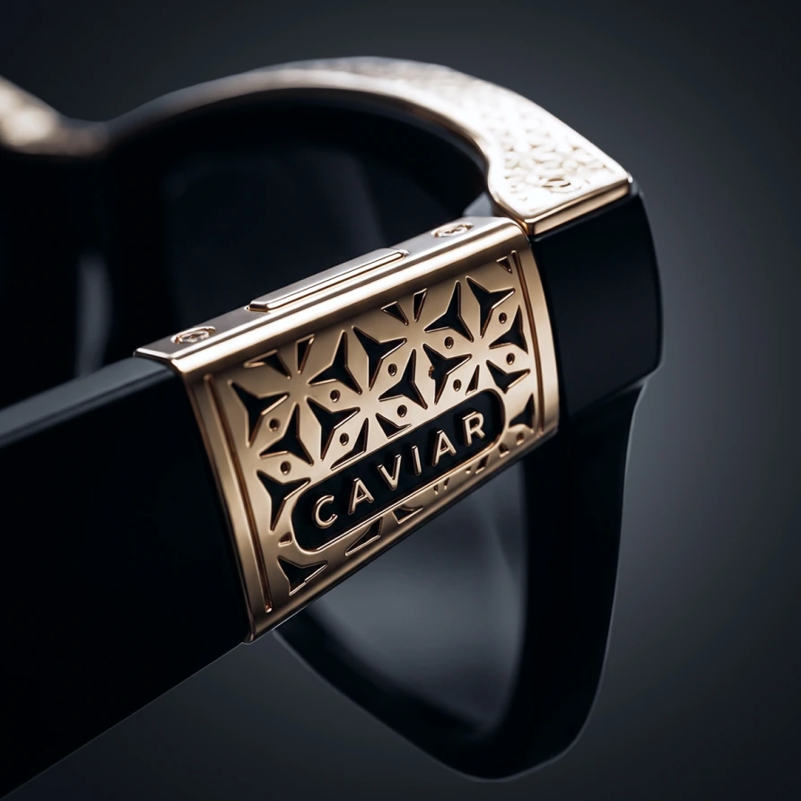 Openwork gold Caviar plaque at the frame hinge: a pierced rosette ornament with recesses filled with black enamel